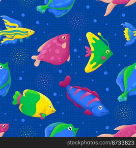 Sea fish seamless pattern. Exotic tropical ocean life, underwater animals. Decorative wildlife print for fabric, textured abstract swanky vector background. Illustration of exotic pattern seamless. Sea fish seamless pattern. Exotic tropical ocean life, underwater animals. Decorative wildlife print for fabric, textured abstract swanky vector background