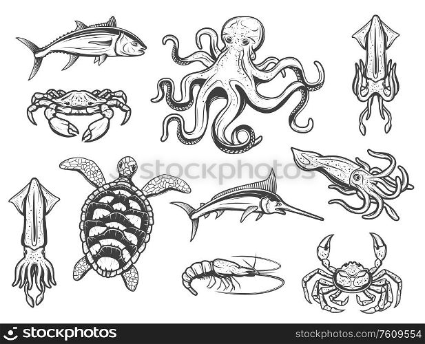 Sea fishes and ocean animals, underwater marine world creatures, vector icons. Octopus, swordfish or marlin and tuna, lobster crab and crayfish, squid and turtle, cuttlefish and shrimp. Underwater world icons, animals and fishes