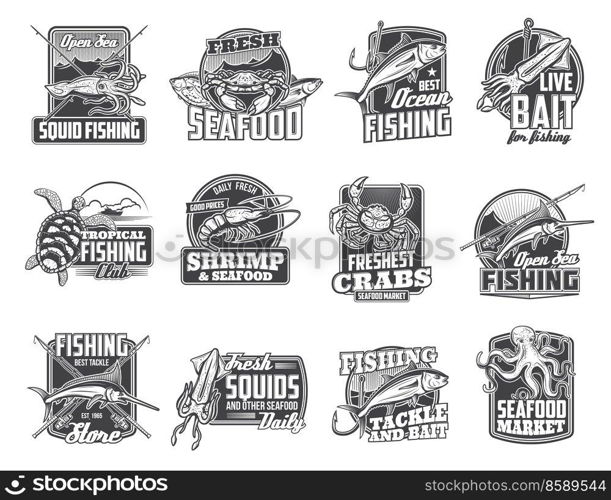 Sea fishing and seafood market isolated vector icons. Fisher tackle for sea crab, ocean marlin and squid, turtle and octopus. Fishing club, sea food catch and fishery store monochrome emblems set. Sea fishing and seafood market vector icons set