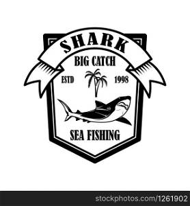 Sea fishing. Emblem template with shark fish. Design element for logo, label, sign, poster. Vector illustration
