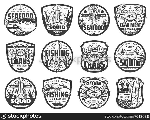 Sea fishing sport isolated icons, monochrome vector emblems for fishing club, tournament and fishery store. Fisher equipment, sea crab and fugu fish, ocean lobster and squid, shrimp and prawn. Sea fishing sport icons, vector emblems