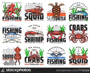 Sea fishing vector emblems for fishing club, professional catch tournament. Fishery equipment for catching sea crab, ocean lobster and squid, tuna, shrimp and prawn with octopus isolated icons set. Sea fishing vector emblems for fishing club, icons