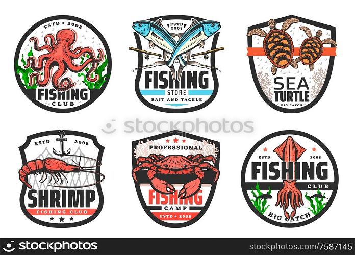 Sea fishing vector icons with fish, seafood, fisherman rod and net. Crab, octopus and squid, tuna, shrimp and salmon, sea turtle, ocean prawn and anchor, seaweed and corals badges, fishing club design. Seafood and fish with fishing rods and net icons