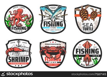 Sea fishing vector icons with fish, seafood, fisherman rod and net. Crab, octopus and squid, tuna, shrimp and salmon, sea turtle, ocean prawn and anchor, seaweed and corals badges, fishing club design. Seafood and fish with fishing rods and net icons
