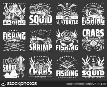 Sea fishing vector icons with seafood, fish and fisherman tackle. Crabs, octopus and tuna, marlin, shrimp and squid, sea turtle, prawn and fishing sport rods, nets and hook, fishery boat, anchors. Crab seafood and tuna fish icons. Fishing sport