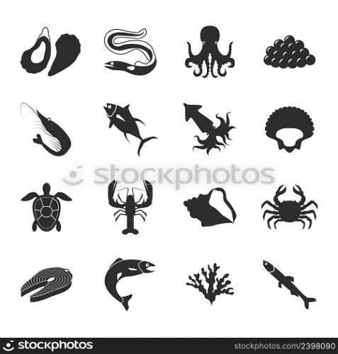Sea food black icons set with lobster salmon shrimp and tuna isolated vector illustration. Sea Food Icons Set