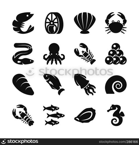 Sea food black silhouette vector icons. Sea food fish, seafood lobster and shrimp illustration. Sea food black silhouette vector icons