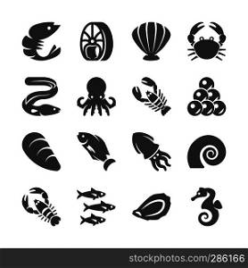 Sea food black silhouette vector icons. Sea food fish, seafood lobster and shrimp illustration. Sea food black silhouette vector icons