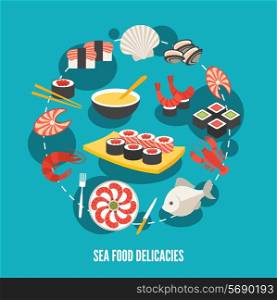 Sea food fish menu restaurant japanese delicacies flat decorative icons set vector illustration