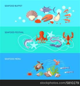 Sea food horizontal banner set with seafood buffet festival menu elements isolated vector illustration. Sea Food Banner Set
