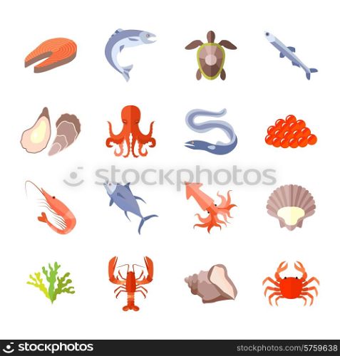 Sea food icon flat set with lobster salmon shrimp isolated vector illustration. Sea Food Icon Flat