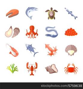 Sea food icon flat set with lobster salmon shrimp isolated vector illustration. Sea Food Icon Flat