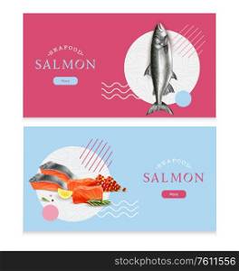 Sea food isolated horizontal banners salmon fish and red caviar realistic images vector illustration