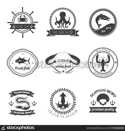 Sea food label set fresh fish premium quality restaurant stamps isolated vector illustration. Sea Food Label Set