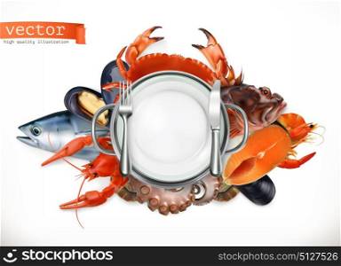 Sea food logo. Fish, crab, crayfish, mussels, octopus 3d vector icon, realism style