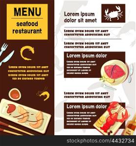 Sea Food Menu. Color menu seafood restaurant with picture of meals vector illustration