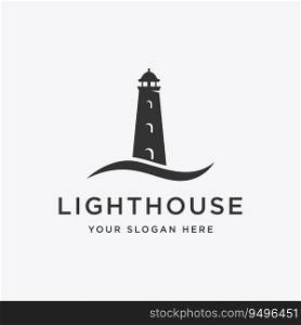 Sea harbor lighthouse tower building creative logo with spotlights v∫a≥vector template.