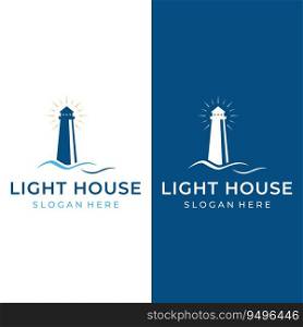 Sea harbor lighthouse tower building creative logo with spotlights vintage vector template.