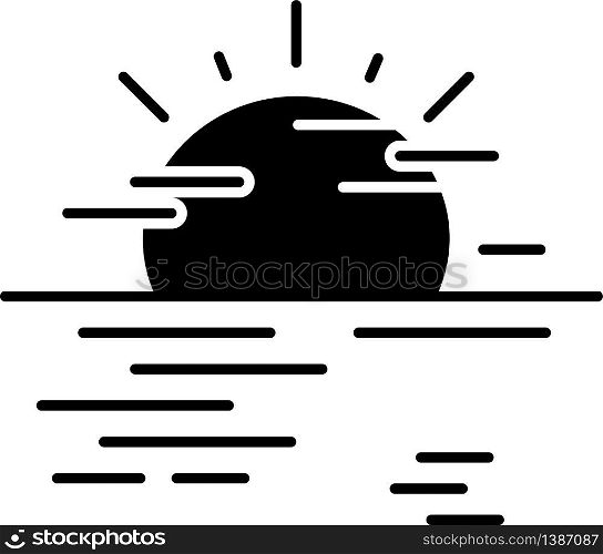 Sea haze black glyph icon. Morning fog, meteorological forecast, misty weather silhouette symbol on white space. Natural phenomenon at sunrise, atmospheric humidity. Vector isolated illustration. Sea haze black glyph icon