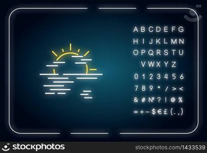 Sea haze neon light icon. Outer glowing effect. Morning fog, meteorological forecast, misty weather sign with alphabet, numbers and symbols. Natural phenomenon. Vector isolated RGB color illustration. Sea haze neon light icon