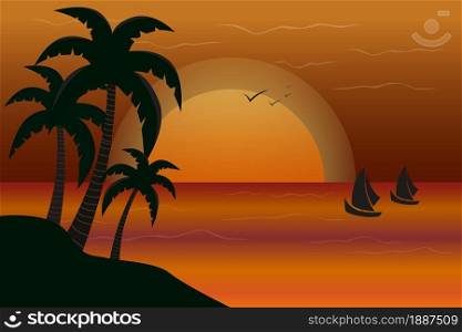 Sea horizon beach at night. Vector illustration.