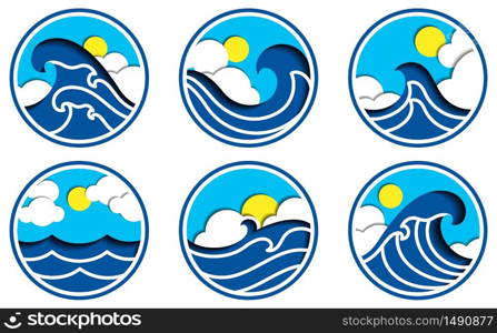 Sea icon vector. Wave and cloud summer icons in circle shape. Paper cut artwork.