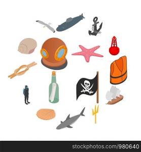 Sea Icons set in isometric 3d style isolated on white background. Sea Icons set, isometric 3d style