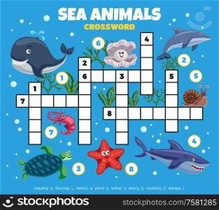 Sea inhabitants funny crossword composition with cartoon style images of fishes with air bubbles and plants vector illustration