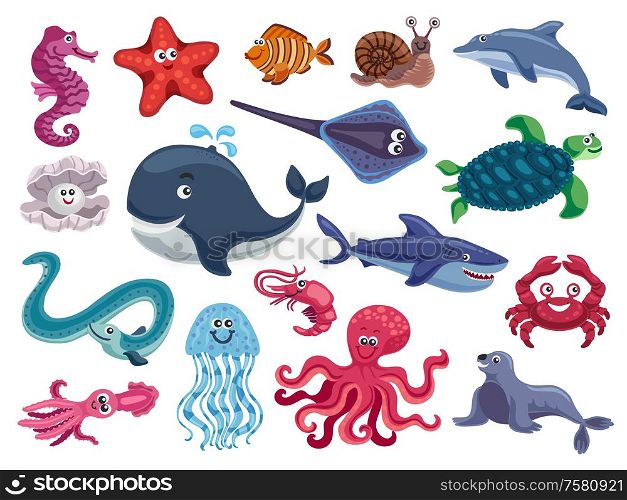 Sea inhabitants funny set with isolated cartoon images of msrine animals and fishes on blank background vector illustration