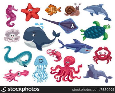 Sea inhabitants funny set with isolated cartoon images of msrine animals and fishes on blank background vector illustration