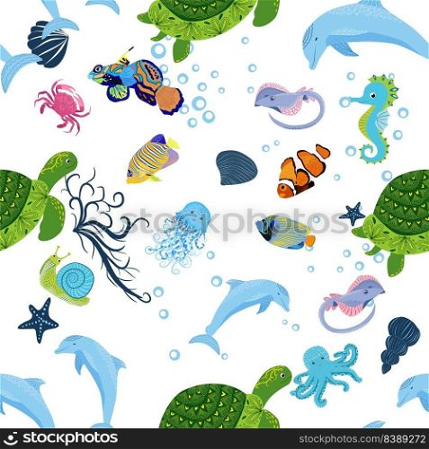 Sea inhabitants seamless pattern, beautiful character among seashells, seaweed, starfish, sea animals wildlife nature.. Sea inhabitants seamless pattern, beautiful character among seashells, seaweed, starfish, sea animals wildlife