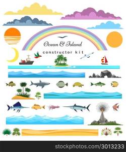 Sea island constructor. Sea island constructor. Ocean and islands, surf beach and seascape creator set vector illustration