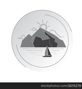 Sea Journey Throughout. Seascape, mountains and a sailboat in a round edging. Vector illustration in a linear style.