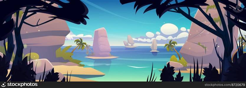 Sea lagoon landscape with palm trees on sand beach, mountains in water and jungle trees silhouettes. Tropical scene of ocean shore, summer seascape with rocks, vector cartoon illustration. Sea lagoon landscape with palm trees on sand beach