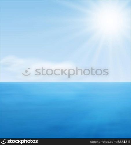 Sea Landscape Background, Calm Blue Ocean and Far Clouds on Horizon - vector