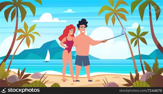 Sea landscape. Paradise island panorama with palm tree, mountains and ocean, exotic resort summer vacation. Couple man and woman take selfie on seaside background. Flat vector cartoon illustration. Sea landscape. Paradise island panorama with palm tree, exotic resort summer vacation. Couple man and woman take selfie on seaside background. Flat vector cartoon illustration