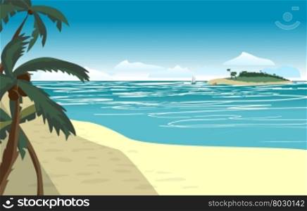 Sea landscape summer beach. Beach of the sea to the island in the distance in summer vacation. Background on beach. Vector flat illustration