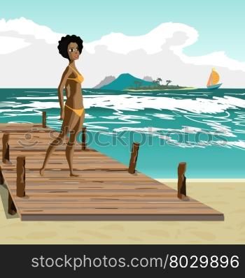 Sea landscape summer beach, old wooden pier, afro black woman dressed in yellow swimsuit. Afro black woman is standing on wooden pier in summer vacation. Vector flat cartoon illustration.