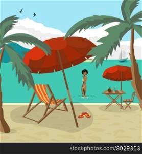 Sea landscape summer beach, palm tree, sun umbrellas, beach beds. Black afro woman in yellow bikini out of the water onto the beach. Umbrella, sun, table, cocktail, coconut. Vector flat illustration