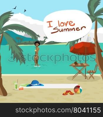 Sea landscape summer beach, palm tree, sun umbrellas, chaise. Black afro woman in yellow bikini out of the water onto the coast. Vector flat cartoon illustration