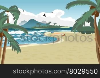 Sea landscape summer beach, palms and a private beach. Woman in a blue hat sunbathing naked. Summer background with nude woman on the beach. Vector cartoon flat illustration