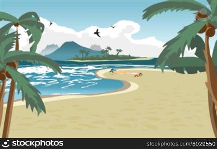 Sea landscape summer beach, palms and a private beach. Woman in a blue hat sunbathing naked. Summer background with nude woman on the beach. Vector cartoon flat illustration