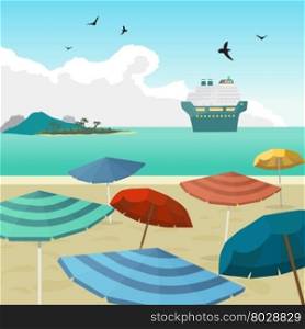 Sea landscape summer beach parasols, umbrellas, cruise ship. Beach of the sea umbrellas and a cruise liner in the distance in summer vacation. Background on beach. Vector flat illustration