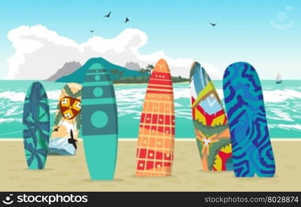 Sea landscape summer beach, surfboards stuck in the sand. Beach of the sea to the island in the distance in summer vacation. Surfboards set. Surfboards collection. Vector flat illustration