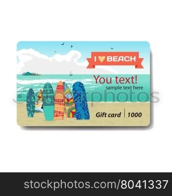 Sea landscape summer beach, surfboards stuck in the sand. Sale discount gift card. Branding design for surfboard shop