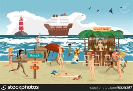 Sea landscape summer beach. Vector cartoon flat illustration. Beach bar with bartender, a woman in a bikini to swim and sunbathe, play sports. Cruise ship and lighthouse