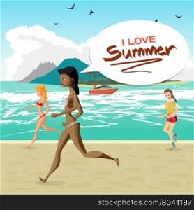 Sea landscape summer beach, women dressed in swimsuit is running. Vector flat cartoon illustration