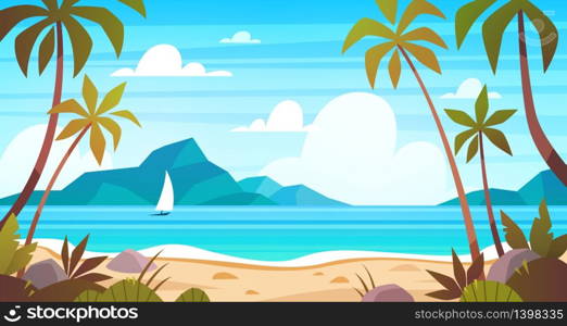 Sea landscape. Tropical beach, ocean seashore. Paradise island panorama with palm tree and sky, exotic resort summer vacation cartoon vector concept. Sea landscape. Tropical beach, ocean seashore. Paradise island panorama with palm tree, exotic resort summer vacation cartoon vector concept