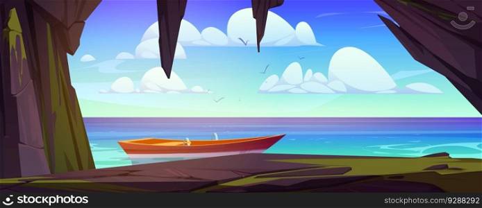 Sea landscape with cave and boat. Stone cavern entrance with view to lake, wooden boat on water, clouds and flying birds in sky, vector cartoon illustration. Sea landscape with cave and boat