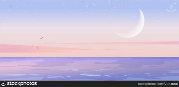 Sea landscape with moon and stars in sky in early morning. Vector cartoon illustration of peaceful nature scene with seascape, ocean lagoon or lake after sunset. Sea landscape with moon and stars in sky